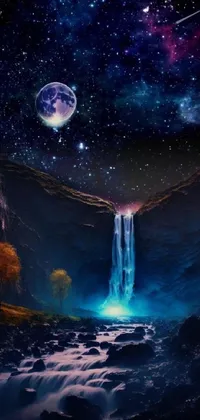 This live wallpaper showcases a stunning waterfall cascading down into a serene pool, enveloped by a mesmerizing night sky