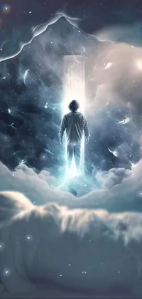 Get lost in space with this mesmerizing phone live wallpaper! Featuring a mysterious man standing on a bed underneath a starry sky, this blurred and dreamy illustration will transport you to a mystical realm