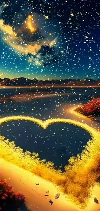 This live wallpaper features a heart-shaped object in the middle of a desert, emitting a warm golden glow, against a night sky full of flowers