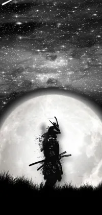 Experience an enchanting and mystical live wallpaper for your mobile device that features a striking samurai warrior portrait under a glowing full moon