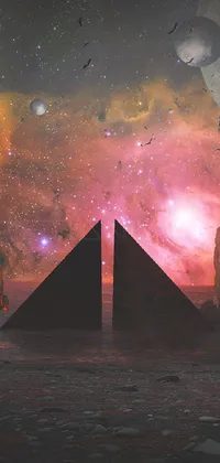 This stunning phone live wallpaper showcases a surrealistic landscape of pyramids amidst an expansive desert