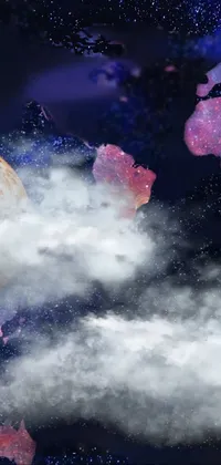 This phone live wallpaper depicts a world map surrounded by clouds, with a space art-inspired blood moon background