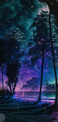 This live wallpaper features a stunning tropical beach scene with two swaying palm trees set against a colorful, neon sky