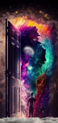 Discover a vibrant phone live wallpaper featuring a man standing by an open door filled with a gorgeous color explosion of torn nebulas in stunning 4K digital art