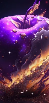 This live phone wallpaper features a beautiful digital art design of a purple apple with liquid pouring out of it