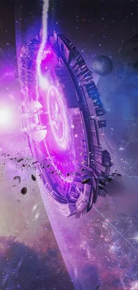 Experience a thrilling sci-fi space adventure with this live wallpaper on your phone! Two sleek spaceships glide through a star-filled sky, but suddenly find themselves drawn into a spiraling vortex, setting off explosions and purple laser beams