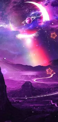 This stunning live wallpaper features a colorful man standing atop a mountain against a vibrant purple sky
