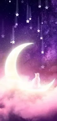 Looking for a stunning live wallpaper that will take your phone to new heights? Check out this captivating image of a majestic cat perched gracefully on a crescent moon in the clouds
