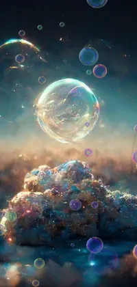 This live wallpaper features an enchanting display of bubbles floating atop a cloud in different colors and sizes