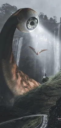 Adorn your phone with this fascinating live wallpaper showcasing a soaring bird above a breathtaking waterfall beside a winding road
