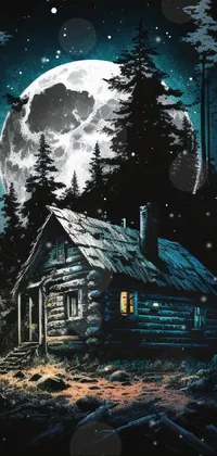 Get ready to experience the beauty of nature on your phone with this stunning live wallpaper! Featuring a cabin in the woods, illuminated by the light of a glowing full moon and adorned with a seventies-inspired design, this wallpaper is sure to transport you to a peaceful and serene environment