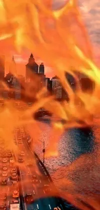 This live wallpaper for your phone features a jaw-dropping digital art piece depicting a blazing fire in the middle of a bustling city