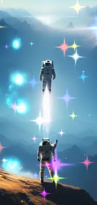 This space-themed live phone wallpaper displays two astronauts standing atop a stunning mountain, enhanced with particle effects, a heroic stance, and spores floating throughout