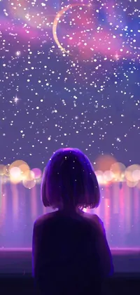 This is a stunning phone live wallpaper featuring a beautiful digital painting of a girl gazing out of a window at a moonlit purple sky