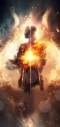 This phone live wallpaper showcases a fierce figure holding a holy sword in front of fiery explosions and an abstract spiritual background
