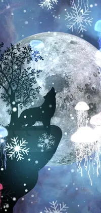 Experience the magic of a wolf standing on a cliff next to a tree with this phone live wallpaper