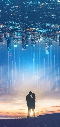 This live wallpaper features a digital art couple kissing in front of a city at night