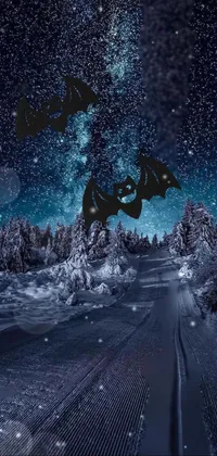 This live wallpaper displays a snowy forest road at night, with cosmic skies and a beautiful aurora borealis dancing overhead