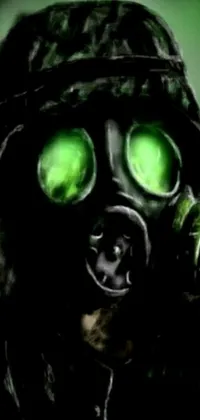 This live wallpaper showcases an intriguing concept art featuring a gas mask-wearing man with glowing green eyes set in a nuclear wasteland