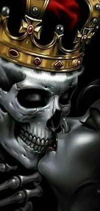 This live phone wallpaper showcases gothic-themed artwork, with a woman sporting a crown kissing a skeleton in close detail