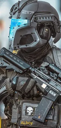 This phone live wallpaper features an intense cyberpunk art design that pays homage to tactical airsoft cqb gear and gun products found in magazines