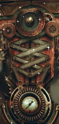 This kinetic live wallpaper features a digital rendering of a clock on a wall and symmetrical gears and machinery as the focal point