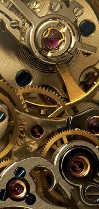 This mobile live wallpaper features an ultra-realistic close-up of a watch's inner workings, with intricate moving cogs, levers, and screws creating a visually stunning and dynamic display
