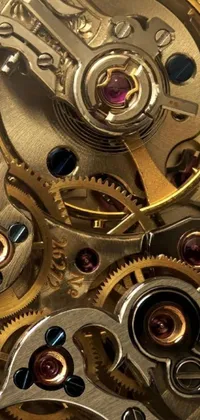 This phone live wallpaper showcases a stunning close-up view of the intricate cogs and gears that make up the inner workings of a watch