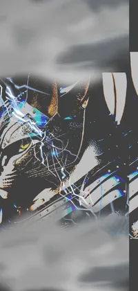 This breathtaking phone live wallpaper features a stunning black and white digital painting of a regal cat, set against a mesmerizing background of fractal cyborg ninja elements