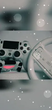 This live wallpaper showcases the combination of a video game controller and a steering wheel, with a white and grey color scheme inspired by vintage aesthetics