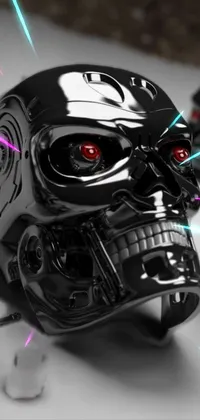 This phone live wallpaper features a close-up of a chrome-masked Terminator T-800 robot sitting atop a table