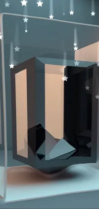 This mobile live wallpaper showcases a visually stunning 3D render of an elegant black chair inside a glass box