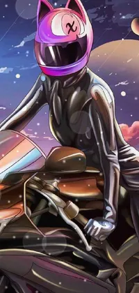 This dynamic phone wallpaper showcases striking digital art by Puru, featuring a sleek purple catsuit-clad woman riding a motorcycle against a futuristic cityscape backdrop