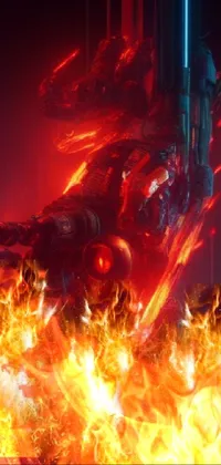 This phone live wallpaper depicts a thrilling scene of a man riding on a motorcycle with flames while surrounded by a cyberpunk-inspired world