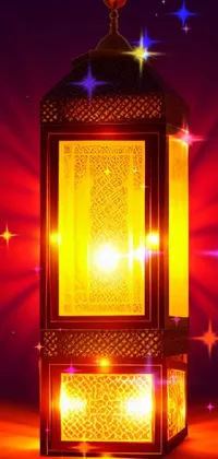This phone live wallpaper showcases a glowing lantern atop an arabesque table, emitting warm red and yellow light
