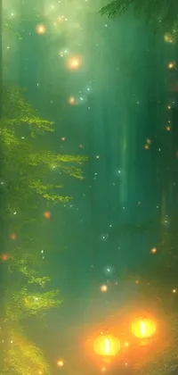 This live phone wallpaper features a group of candles atop a lush green forest, with fireflies dancing in the branches