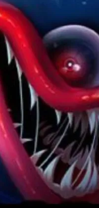 This phone live wallpaper features a highly detailed close-up of a fierce-looking fish with a large mouth against a blue and red color scheme, with a spooky clown in the background