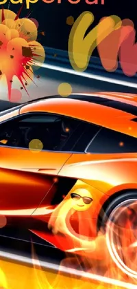 This live phone wallpaper features a vivid sports car driving down a street