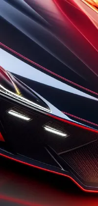 This phone live wallpaper features an extreme close up shot of a red and black sports car, against a stark black background
