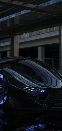 This phone live wallpaper depicts a black sports car parked inside a 3D-rendered futuristic building