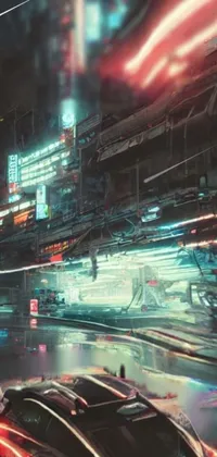 Get ready to experience a mesmerizing phone live wallpaper featuring a super cool car racing down a dark city street at night in a cyberpunk art style