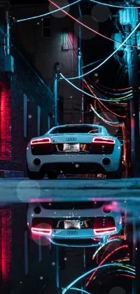 This phone live wallpaper features a stunning white sports car parked on the side of a cyberpunk back alley