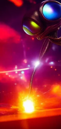 This live wallpaper for your iPhone 15 features a digital art depiction of a robot with glowing eyes and a subtle image of an alien mantis - both interlaced with intricate details