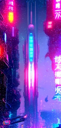 Enhance your phone with a lively, futuristic wallpaper depicting an electrifying cityscape bursting with vibrant neon lights, cyberpunk art, and avant-garde 4k visuals