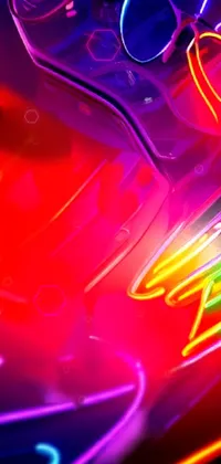 This mobile live wallpaper features a specialized car close-up with neon lights, a digital art design inspired by futuristic motifs, abstract neon shapes and vibrant red and white neon lines with a redshift render for a visually compelling effect