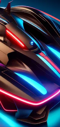 This phone live wallpaper features a futuristic black sports car with red and blue lights, designed by an exceptional artist