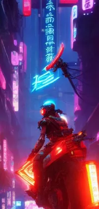 This live phone wallpaper depicts a cyberpunk-style scene of a motorcyclist zooming through a city at night