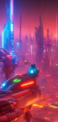 This live wallpaper transports you to a pulsating, neon-lit futuristic city at night, set within a cavernous iron metropolis