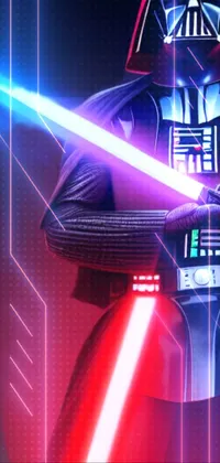 This vibrant red 8k digital art live wallpaper features a man in a Darth Vader costume holding a light saber