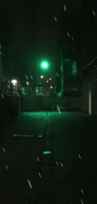This live wallpaper features a green traffic light in a dark alleyway during a rainy night